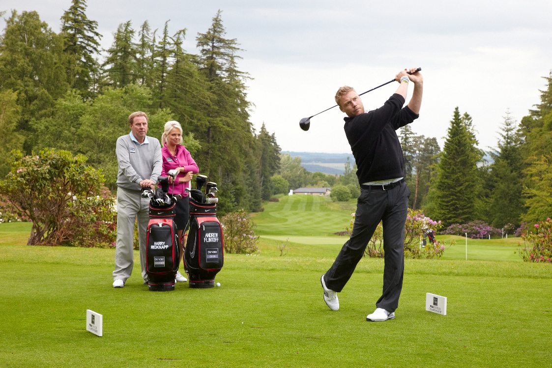 Freddie Flintoff tees off at the De Vere Club