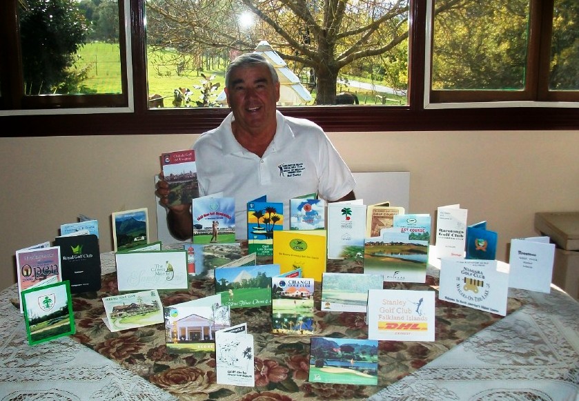 Bob Davies with some of his 234 golf scorecards