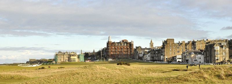 A view down the 18th hole of The Old Course at St Andrews, Scotland